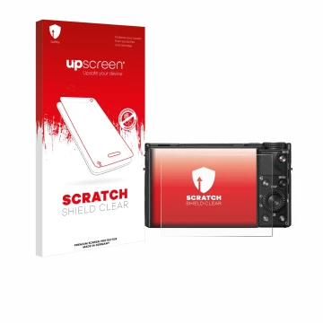 Vorderseite einer Produktverpackung mit dem Markenlogo upscreen. Daneben ist das Gerät Sony Cyber-Shot DSC-RX100 VIIA mit dem 