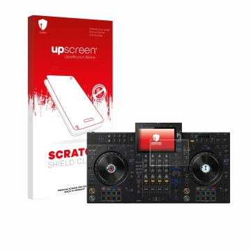 Vorderseite einer Produktverpackung mit dem Markenlogo upscreen. Daneben ist das Gerät Pioneer XDJ-AZ mit dem zugehörigen Disp