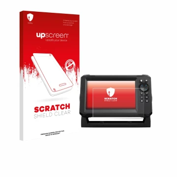 Vorderseite einer Produktverpackung mit dem Markenlogo upscreen. Daneben ist das Gerät Lowrance Eagle 7 mit dem zugehörigen Di