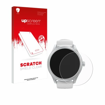 Vorderseite einer Produktverpackung mit dem Markenlogo upscreen. Daneben ist das Gerät Hama Smartwatch 5010 mit dem zugehörige