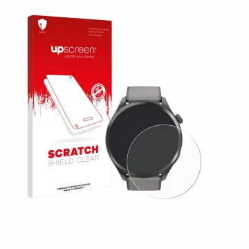Vorderseite einer Produktverpackung mit dem Markenlogo upscreen. Daneben ist das Gerät Hama Smartwatch 9000 mit dem zugehörige