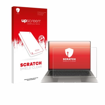 Vorderseite einer Produktverpackung mit dem Markenlogo upscreen. Daneben ist das Gerät Honor MagicBook Art 14 mit dem zugehöri