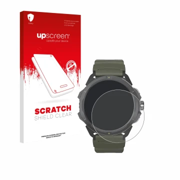 Vorderseite einer Produktverpackung mit dem Markenlogo upscreen. Daneben ist das Gerät Hammer Watch 2 Military Edition mit dem