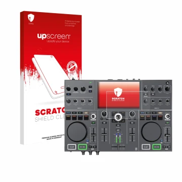 Vorderseite einer Produktverpackung mit dem Markenlogo upscreen. Daneben ist das Gerät Denon DJ Prime Go+ mit dem zugehörigen 
