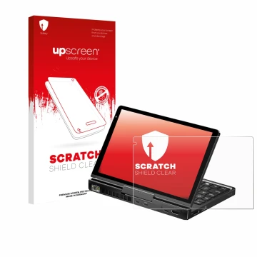 Vorderseite einer Produktverpackung mit dem Markenlogo upscreen. Daneben ist das Gerät GPD Pocket 4 mit dem zugehörigen Displa