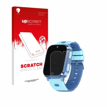 Vorderseite einer Produktverpackung mit dem Markenlogo upscreen. Daneben ist das Gerät Noctiluxia 4G Kids Smartwatch mit dem z