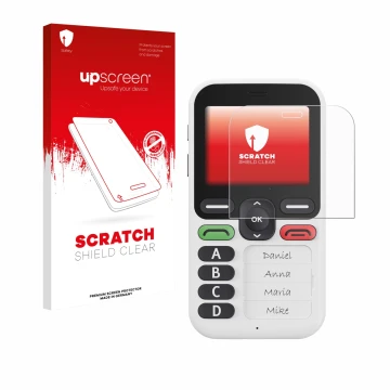 Vorderseite einer Produktverpackung mit dem Markenlogo upscreen. Daneben ist das Gerät Doro Leva X10 mit dem zugehörigen Displ