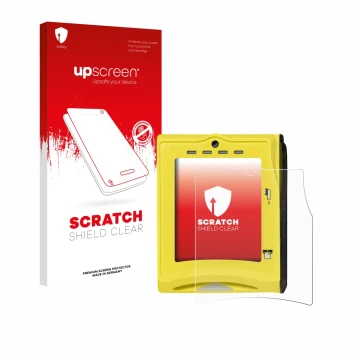 Vorderseite einer Produktverpackung mit dem Markenlogo upscreen. Daneben ist das Gerät Nayax VPOS TOUCH mit dem zugehörigen Di