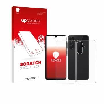 Vorderseite einer Produktverpackung mit dem Markenlogo upscreen. Daneben ist das Gerät Samsung Galaxy A26 5G Enterprise Editio