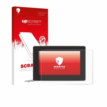 Vorderseite einer Produktverpackung mit dem Markenlogo upscreen. Daneben ist das Gerät Tesla Model Y Juniper 2025 mit dem zuge