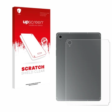 Vorderseite einer Produktverpackung mit dem Markenlogo upscreen. Daneben ist das Gerät Samsung Galaxy Tab S10 FE (Rückseite) m