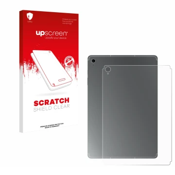 Vorderseite einer Produktverpackung mit dem Markenlogo upscreen. Daneben ist das Gerät Samsung Galaxy Tab S10 FE+ (Rückseite) 