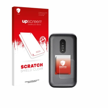 Vorderseite einer Produktverpackung mit dem Markenlogo upscreen. Daneben ist das Gerät Doro 2880 (Äußeres Display) mit dem zug
