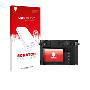 Vorderseite einer Produktverpackung mit dem Markenlogo upscreen. Daneben ist das Gerät Fujifilm GFX 100RF mit dem zugehörigen 