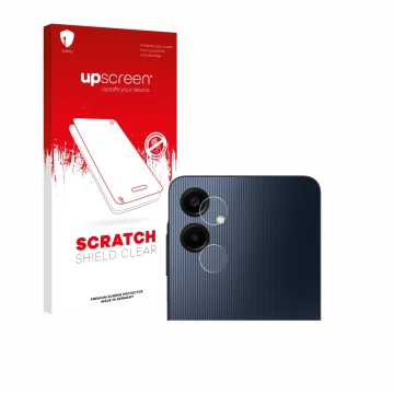 Vorderseite einer Produktverpackung mit dem Markenlogo upscreen. Daneben ist das Gerät Samsung Galaxy A06 5G (NUR Kameraschutz