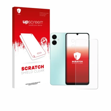 Vorderseite einer Produktverpackung mit dem Markenlogo upscreen. Daneben ist das Gerät Samsung Galaxy A06 5G (Display+Kamera) 