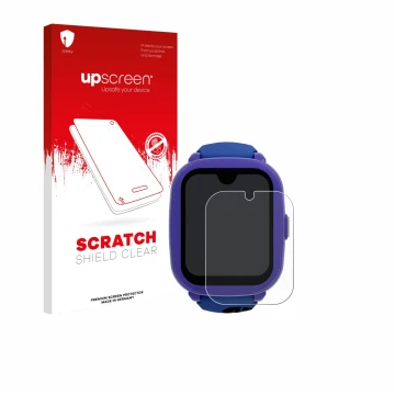 Vorderseite einer Produktverpackung mit dem Markenlogo upscreen. Daneben ist das Gerät SaveFamily Iconic Plus 2 4G mit dem zug