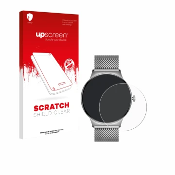 Vorderseite einer Produktverpackung mit dem Markenlogo upscreen. Daneben ist das Gerät Pireware Slim Smartwatch mit dem zugehö
