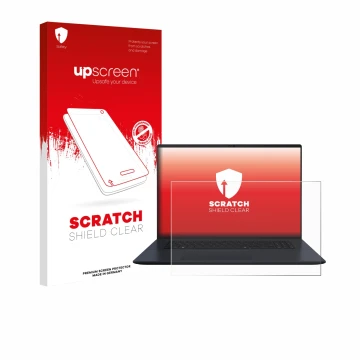 Vorderseite einer Produktverpackung mit dem Markenlogo upscreen. Daneben ist das Gerät ASUS Vivobook 18 M1807 mit dem zugehöri