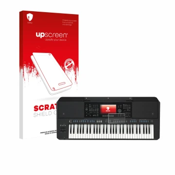 Vorderseite einer Produktverpackung mit dem Markenlogo upscreen. Daneben ist das Gerät Yamaha PSR-SX720 mit dem zugehörigen Di
