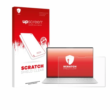 Vorderseite einer Produktverpackung mit dem Markenlogo upscreen. Daneben ist das Gerät Dell XPS 13 9350 2024 mit dem zugehörig