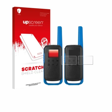 Vorderseite einer Produktverpackung mit dem Markenlogo upscreen. Daneben ist das Gerät Motorola TALKABOUT T62 mit dem zugehöri