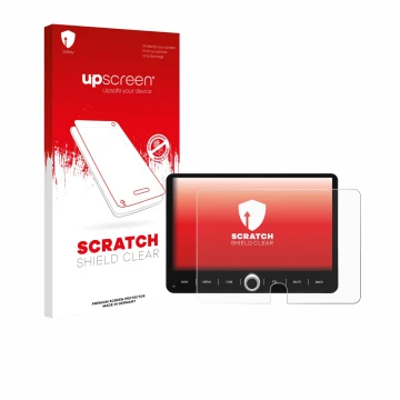 Vorderseite einer Produktverpackung mit dem Markenlogo upscreen. Daneben ist das Gerät Dynavin D9-JP Plus 10.1