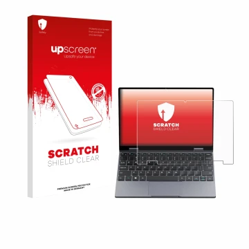Vorderseite einer Produktverpackung mit dem Markenlogo upscreen. Daneben ist das Gerät Chuwi MiniBook X N150 mit dem zugehörig