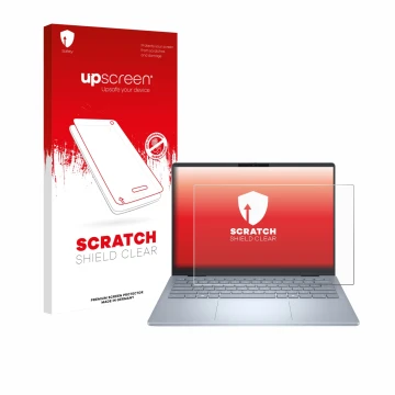 Vorderseite einer Produktverpackung mit dem Markenlogo upscreen. Daneben ist das Gerät Dell 14 Plus Laptop mit dem zugehörigen