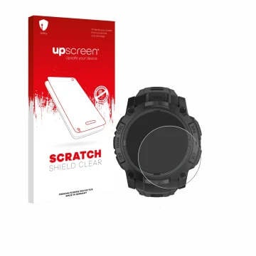 Vorderseite einer Produktverpackung mit dem Markenlogo upscreen. Daneben ist das Gerät Garmin Instinct 3 Tactical AMOLED Editi