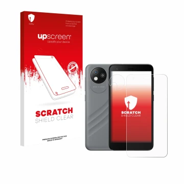 Vorderseite einer Produktverpackung mit dem Markenlogo upscreen. Daneben ist das Gerät ZTE Blade A35 lite (Display+Kamera) mit