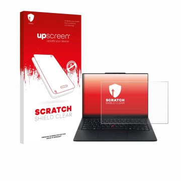 Vorderseite einer Produktverpackung mit dem Markenlogo upscreen. Daneben ist das Gerät Lenovo ThinkPad E14 Gen 7 mit dem zugeh