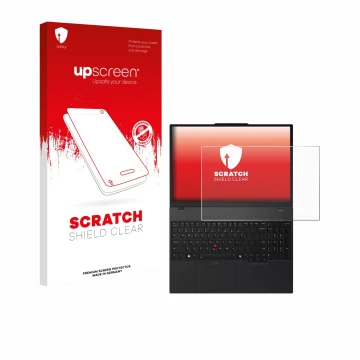 Vorderseite einer Produktverpackung mit dem Markenlogo upscreen. Daneben ist das Gerät Lenovo ThinkPad T16 Gen 4 mit dem zugeh