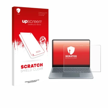 Vorderseite einer Produktverpackung mit dem Markenlogo upscreen. Daneben ist das Gerät Microsoft Surface Laptop 13