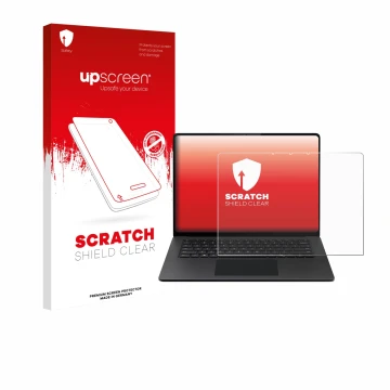 Vorderseite einer Produktverpackung mit dem Markenlogo upscreen. Daneben ist das Gerät Microsoft Surface Laptop 15