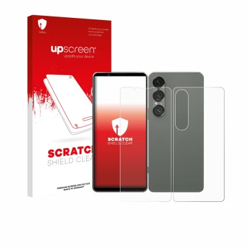 Vorderseite einer Produktverpackung mit dem Markenlogo upscreen. Daneben ist das Gerät Sony Xperia 1 VII (Display+Rückseite) m