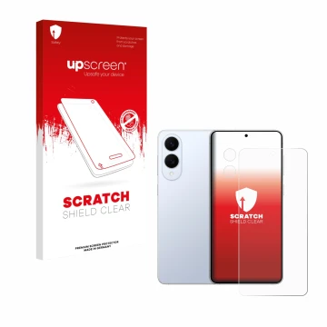 Vorderseite einer Produktverpackung mit dem Markenlogo upscreen. Daneben ist das Gerät Samsung Galaxy S25 Edge (Display+Kamera