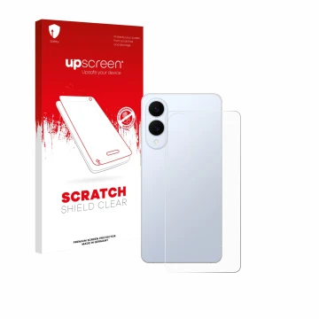 Vorderseite einer Produktverpackung mit dem Markenlogo upscreen. Daneben ist das Gerät Samsung Galaxy S25 Edge (Rückseite) mit