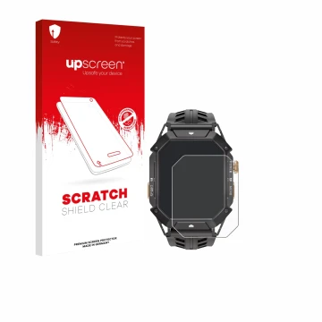 Vorderseite einer Produktverpackung mit dem Markenlogo upscreen. Daneben ist das Gerät Oukitel BT80 mit dem zugehörigen Displa