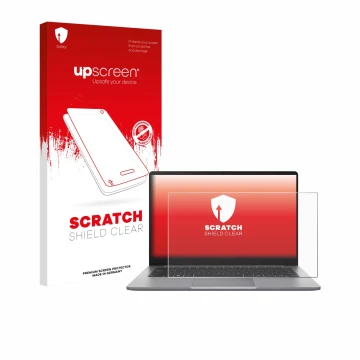 Vorderseite einer Produktverpackung mit dem Markenlogo upscreen. Daneben ist das Gerät ASUS ExpertBook P1 P1403 mit dem zugehö