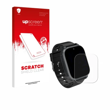 Vorderseite einer Produktverpackung mit dem Markenlogo upscreen. Daneben ist das Gerät Kesasohe 4G Kids Smartwatch mit dem zug
