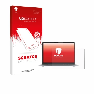 Vorderseite einer Produktverpackung mit dem Markenlogo upscreen. Daneben ist das Gerät Lenovo ThinkBook 14 Gen 4+ mit dem zuge