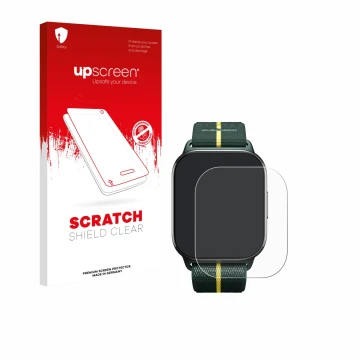 Vorderseite einer Produktverpackung mit dem Markenlogo upscreen. Daneben ist das Gerät Motorola Moto watch fit mit dem zugehör