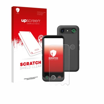 Vorderseite einer Produktverpackung mit dem Markenlogo upscreen. Daneben ist das Gerät Doro Aurora A10 (Display+Kamera) mit de