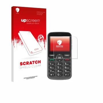 Vorderseite einer Produktverpackung mit dem Markenlogo upscreen. Daneben ist das Gerät Doro 1380 mit dem zugehörigen Displaysc