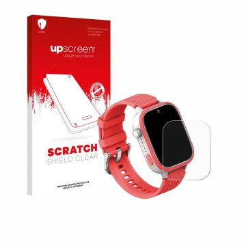 Vorderseite einer Produktverpackung mit dem Markenlogo upscreen. Daneben ist das Gerät AngelTech Kids Smartwatch Ultra 1.83