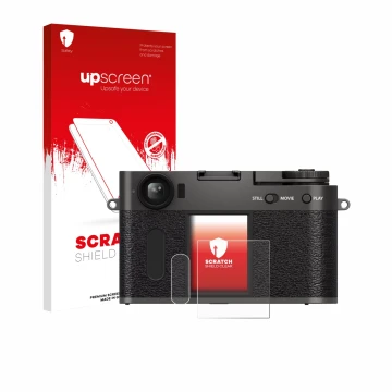 Vorderseite einer Produktverpackung mit dem Markenlogo upscreen. Daneben ist das Gerät Fujifilm X Half X-HF1 mit dem zugehörig