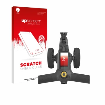Vorderseite einer Produktverpackung mit dem Markenlogo upscreen. Daneben ist das Gerät PowaKaddy CT10 mit dem zugehörigen Disp