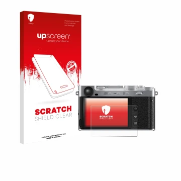 Vorderseite einer Produktverpackung mit dem Markenlogo upscreen. Daneben ist das Gerät Fujifilm X-E5 mit dem zugehörigen Displ