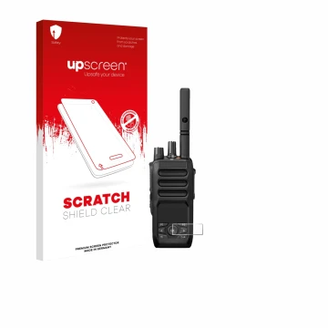 Vorderseite einer Produktverpackung mit dem Markenlogo upscreen. Daneben ist das Gerät Motorola MOTOTRBO R5 mit dem zugehörige